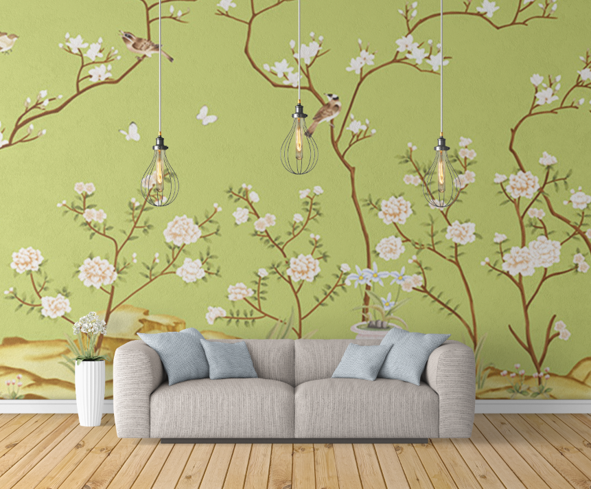 中式手绘花鸟绿色背景墙高清图片素材ZS10003