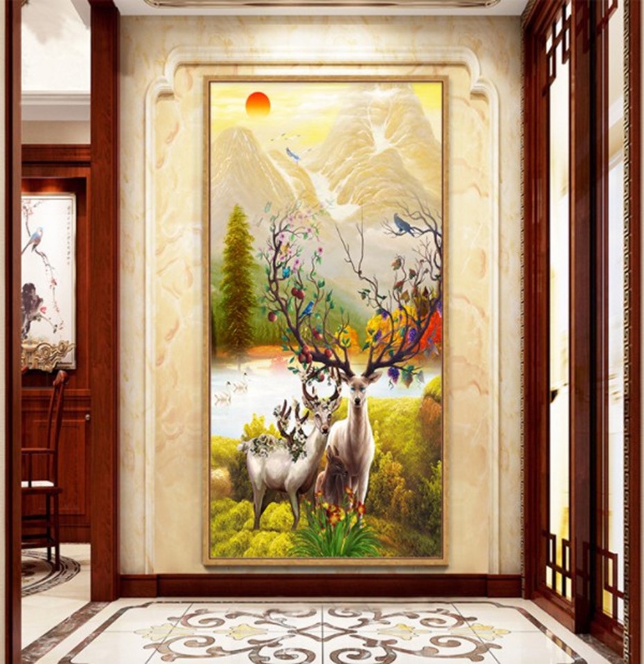欧式玄关画麋鹿远山油画客厅卧室餐厅高清装饰画芯素材打印图片H11030