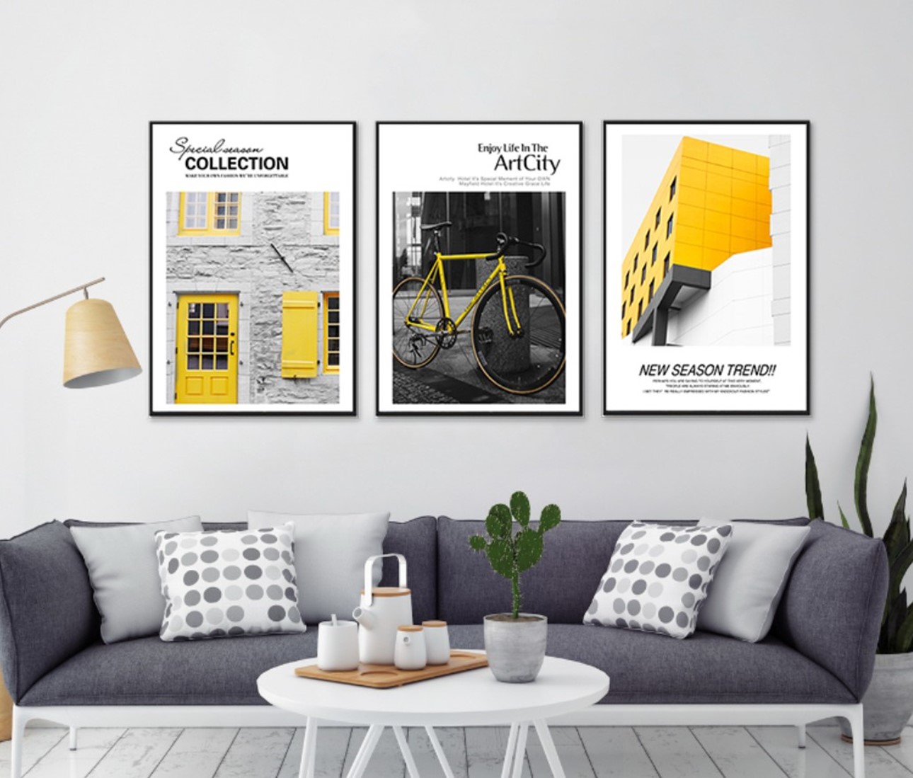 北欧现代小清新黑白黄门自行车楼建筑客厅卧室餐厅三联高清装饰画芯素材打印图片H11148