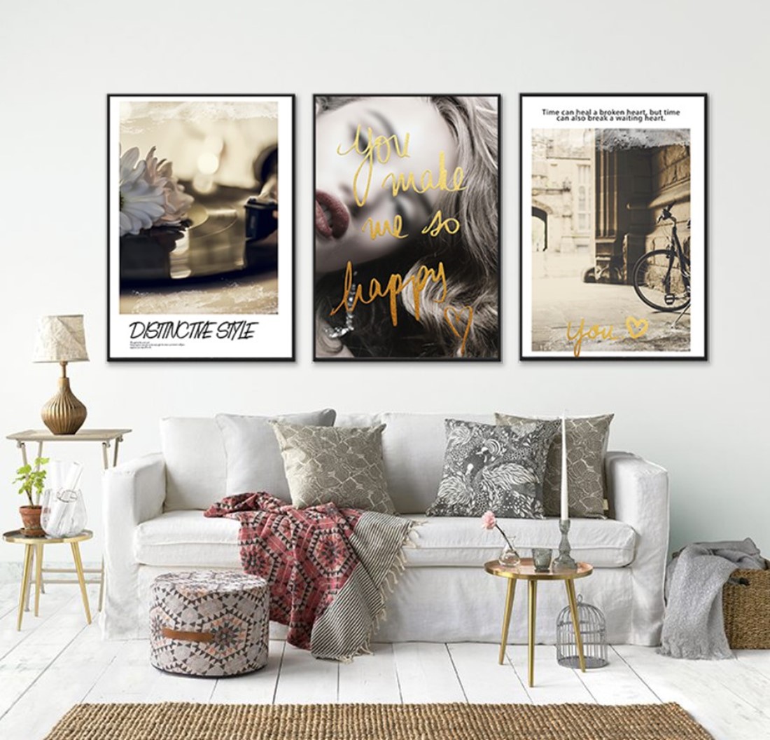 北欧现代小清新黑白黄花女人自行车客厅卧室餐厅三联高清装饰画芯素材打印图片H11152