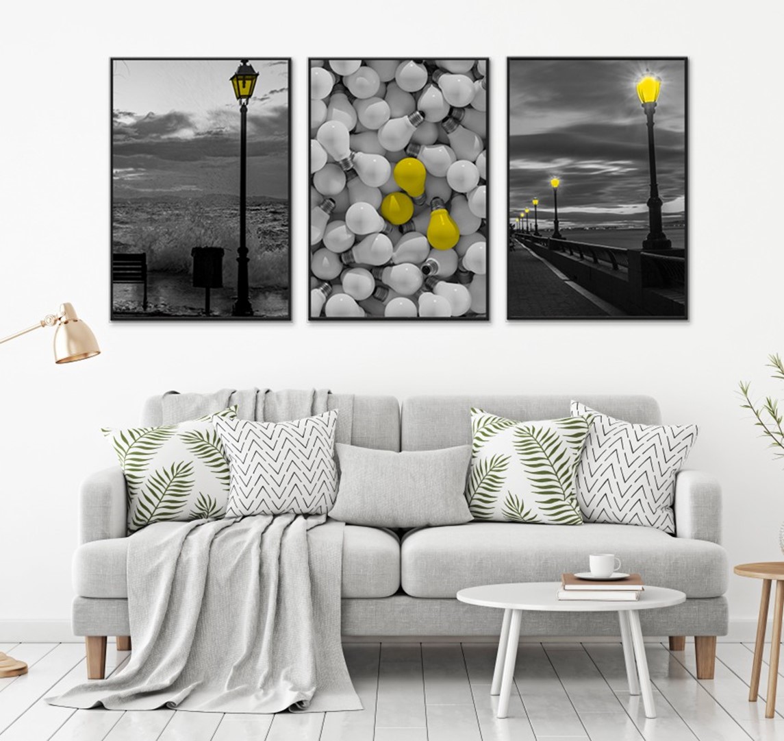 北欧现代小清新黑白黄路灯泡客厅卧室餐厅三联高清装饰画芯素材打印图片H11209