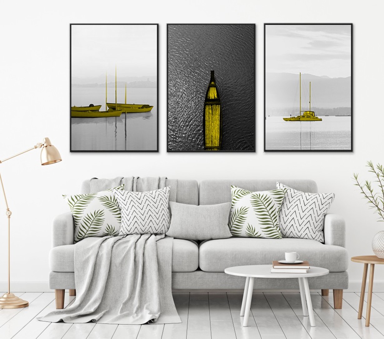 北欧现代小清新黑白黄船客厅卧室餐厅三联高清装饰画芯素材打印图片H11213