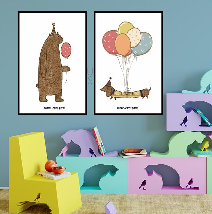 儿童卡通狗熊气球 客厅卧室餐厅高清装饰画芯素材打印图片H51039