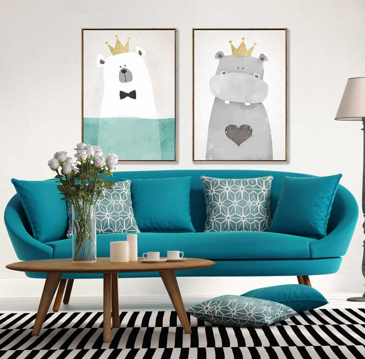 儿童卡通 手绘皇冠北极熊河马客厅卧室餐厅高清装饰画芯素材打印图片H51041