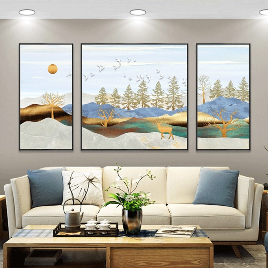 s北欧现代新中式麋鹿树林金山意境  客厅卧室餐厅三联高清装饰画芯素材打印图片H11538