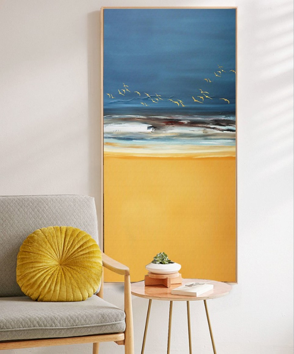 s北欧现代玄关手绘油画海边客厅卧室餐厅三联高清装饰画芯素材打印图片H11541