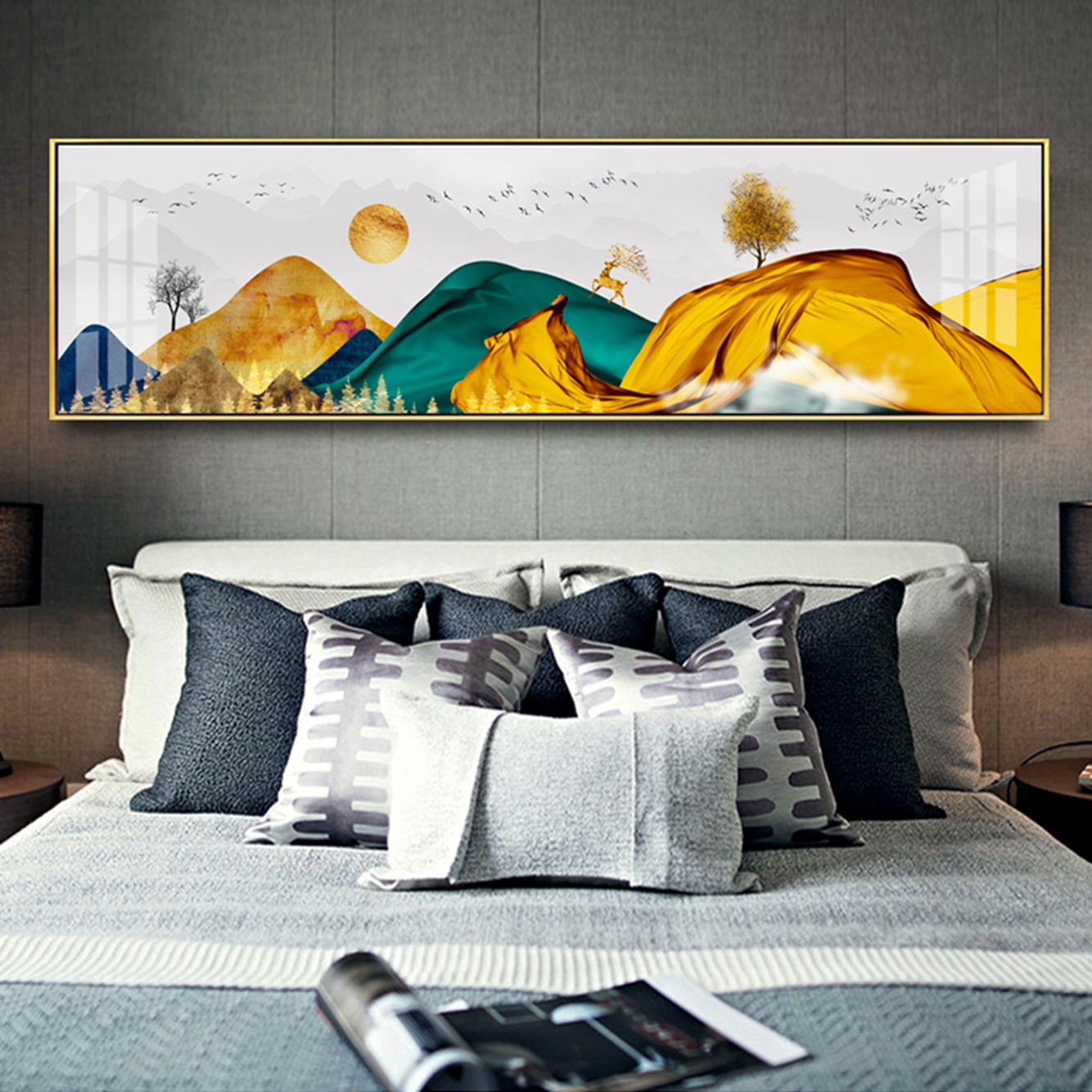 s北欧现代新中式床头金山麋鹿 客厅卧室餐厅三联高清装饰画芯素材打印图片H11554