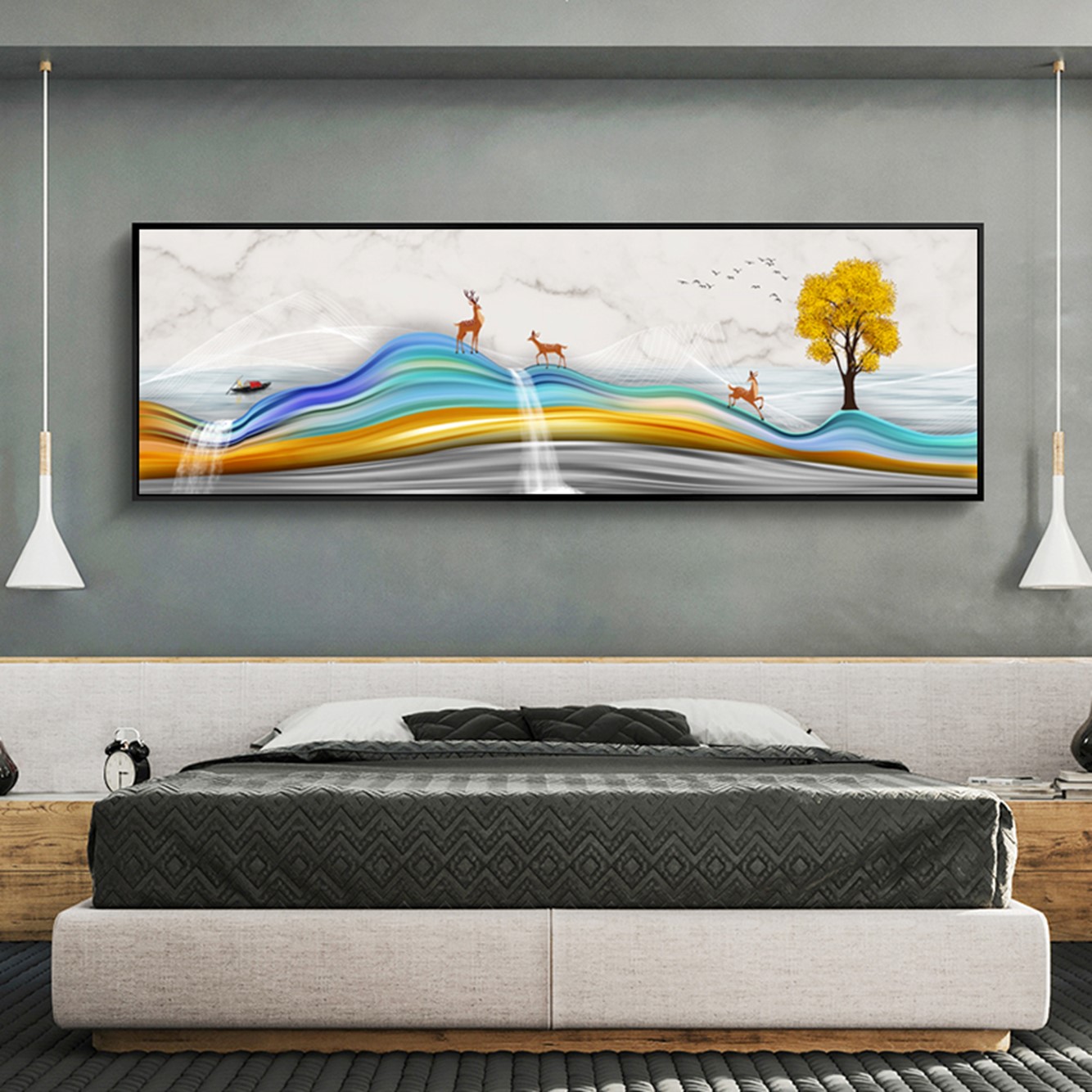 北欧现代新中式床头麋鹿发财麋鹿  客厅卧室餐厅三联高清装饰画芯素材打印图片H11555