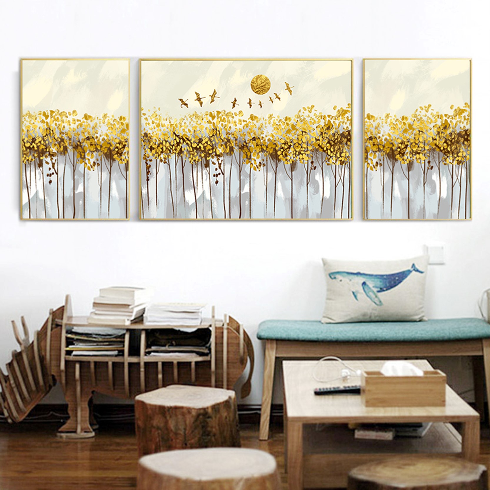 s欧式美式 金色树林飞鸟客厅卧室餐厅高清装饰画芯素材打印图片H31159