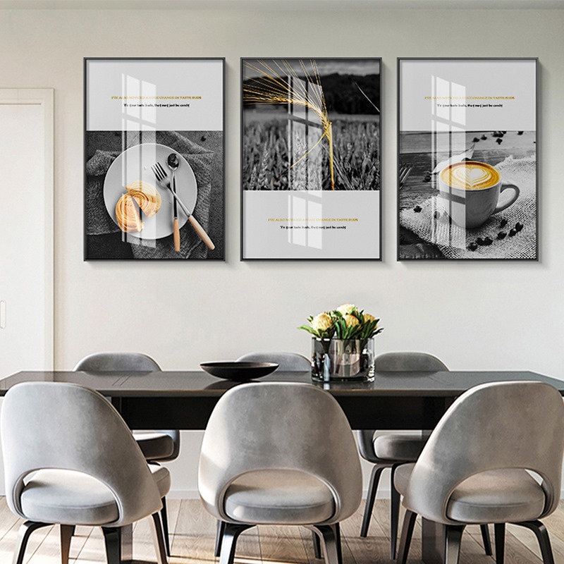 s北欧现代黑白黄小麦面包咖啡餐厅三联高清装饰画芯素材打印图片H11557