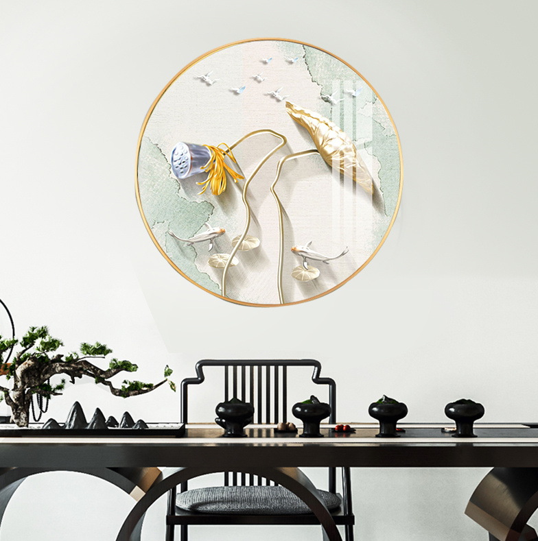 s新中式意境荷花飞鸟圆形装饰画晶瓷画玄关餐厅H61278